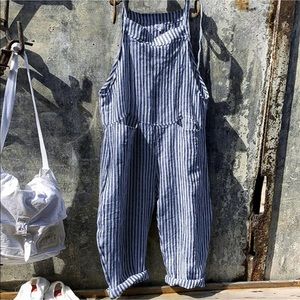 Dungarees Striped Baggy Casual Overalls Jumpsuit M